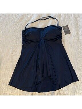 Garnet Hill Navy Blue Ruched-Overlay Tankini Top and Skirt Bottom Size 16 NWT